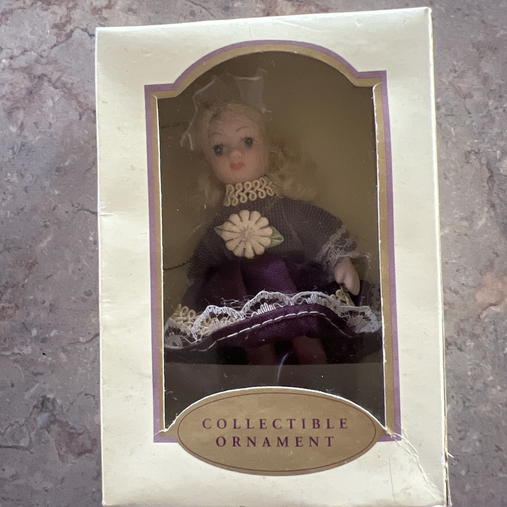 Good Old Values Collectible Christmas Ornament Ceramic Blond Doll Purple Dress